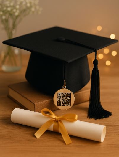 Gorra negra con QR bordado en el frente, modelada sobre fondo claro con luz natural